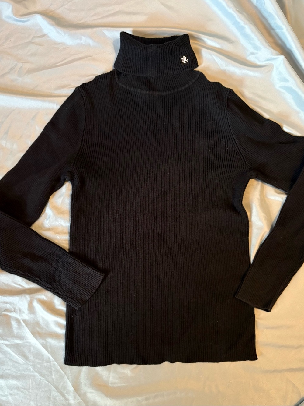 Lauren Ralph Lauren Black Ribbed Cotton Turtleneck Sweater Logo Medium